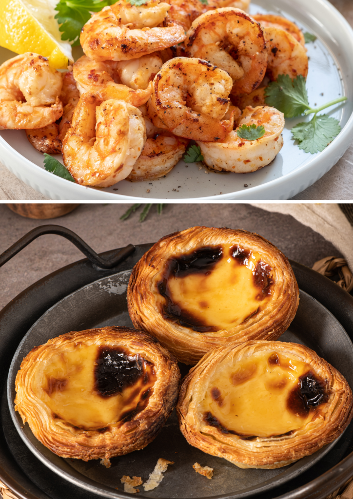 Garlic peri peri prawns and pastel de nata custard desserts