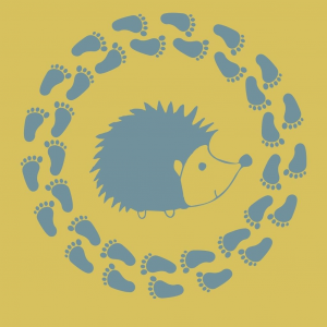 green square with greyish blue hedgehog in the middle, circle of grey footprints surrounding it
