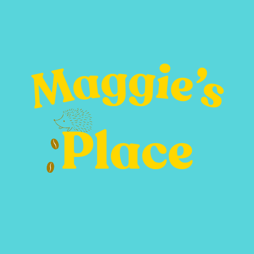 bright blue square with yellow text saying Maggie's place