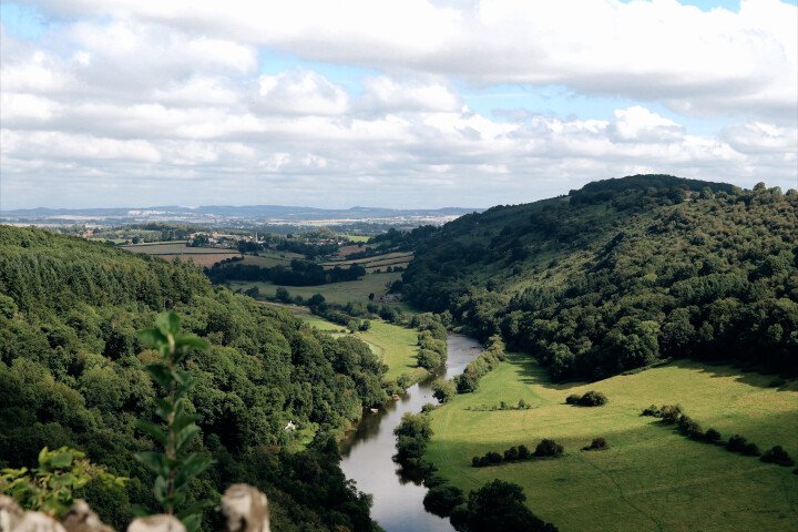 view from symonds yat rock, river down middle of picture with green either side