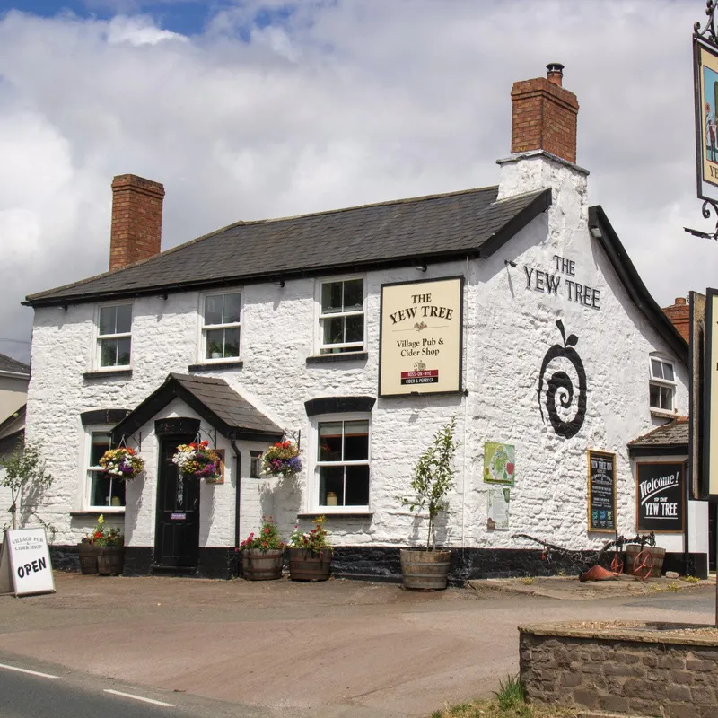picture of white builting with black roof and door, letters saying The Yew Tree on the side