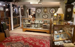 picture of inside of shop with red old rug in centre, gladd cabinets with wooden frames around sides